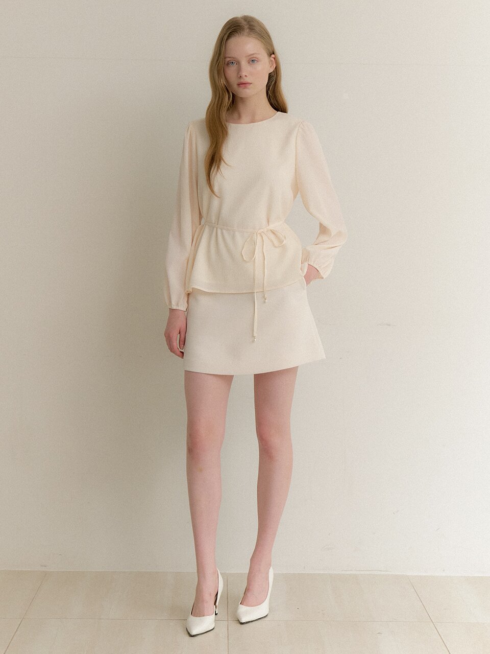 Crinkle Chiffon Shirring Blouse / Cream(2color)