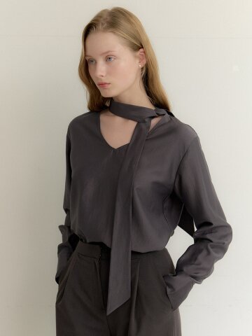 2way Simple Tie Blouse / Charcoal(3color)