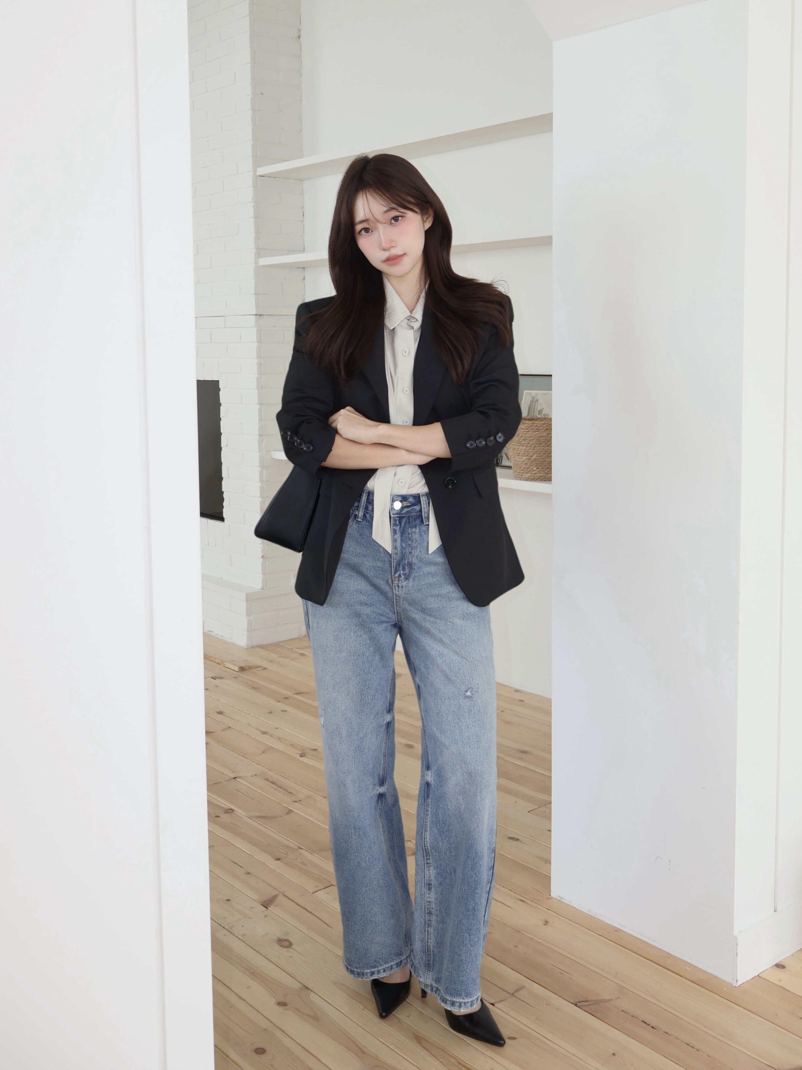 워싱 와이드 일자핏 데님 팬츠 (BLUE)