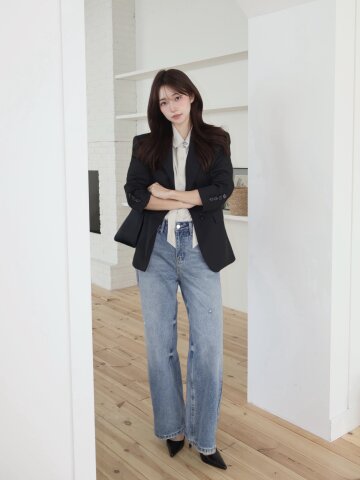 워싱 와이드 일자핏 데님 팬츠 
