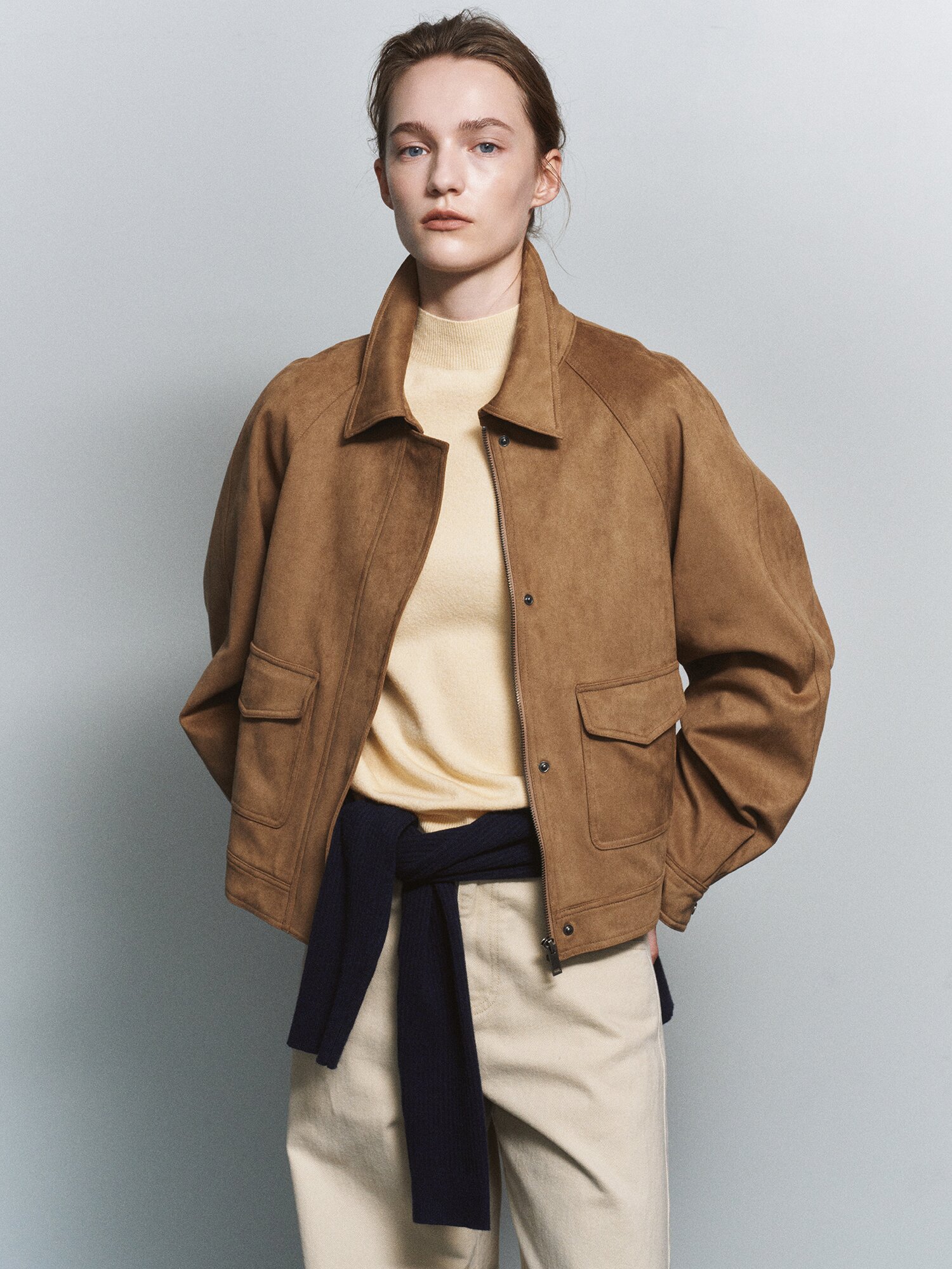 스웨이드 래글런 칼라 집업 재킷 (BEIGE)