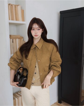 스웨이드 래글런 칼라 집업 재킷 
