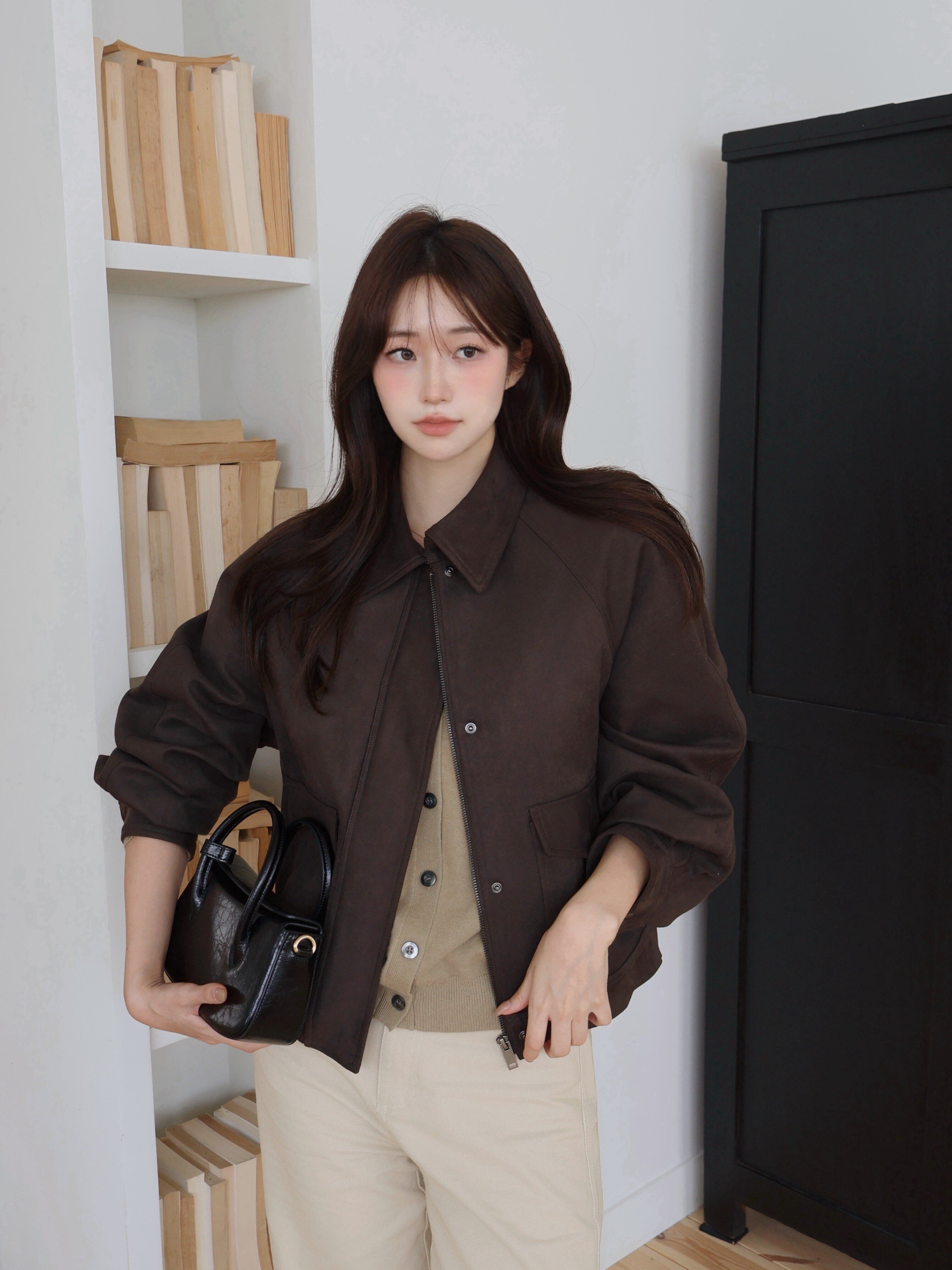 스웨이드 래글런 칼라 집업 재킷 (KHAKI BROWN)