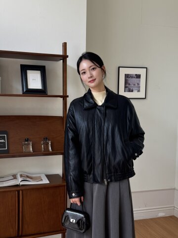 페이크 레더 칼라 집업 재킷 