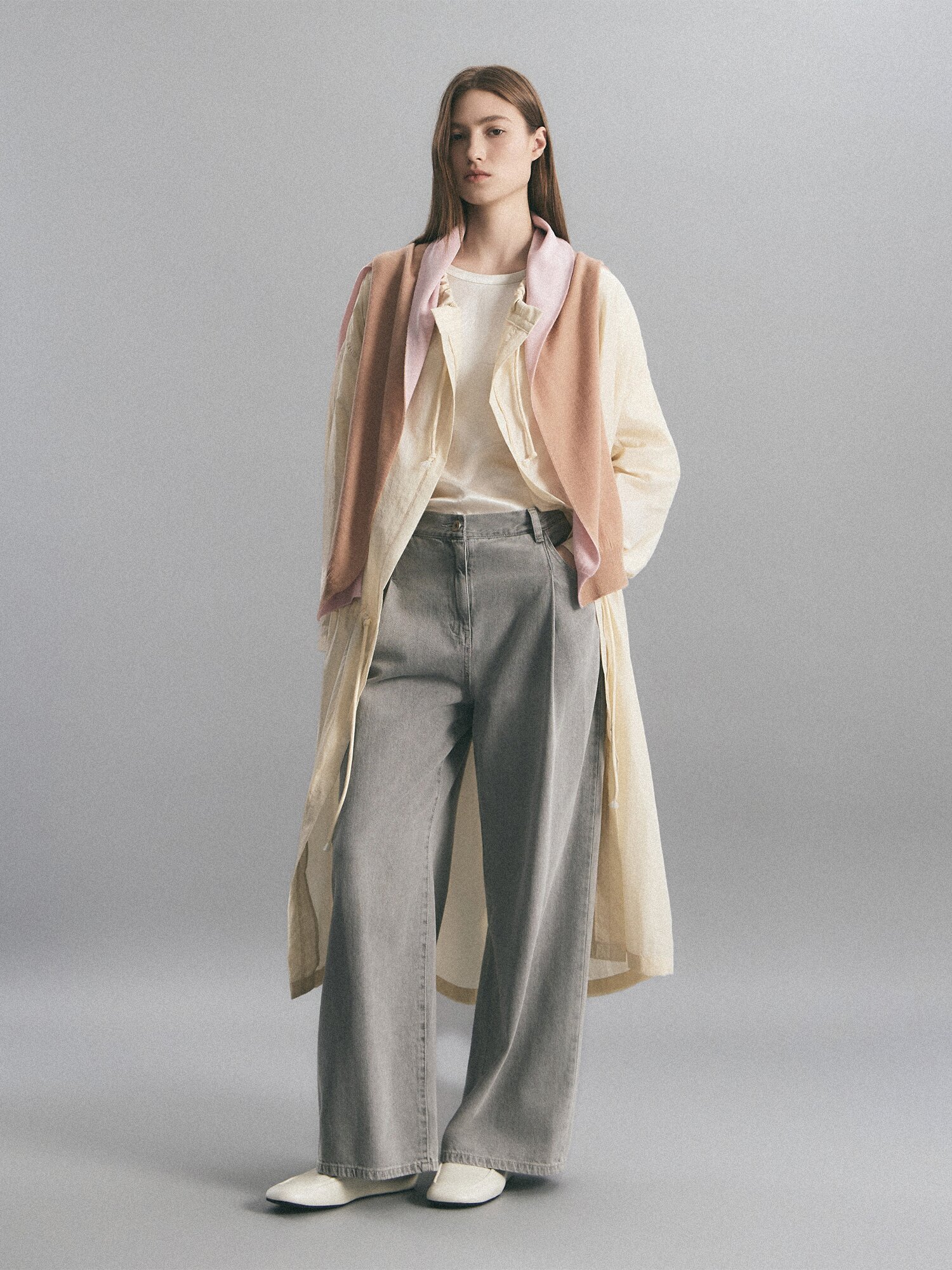 울 배색 숄 (BEIGE)