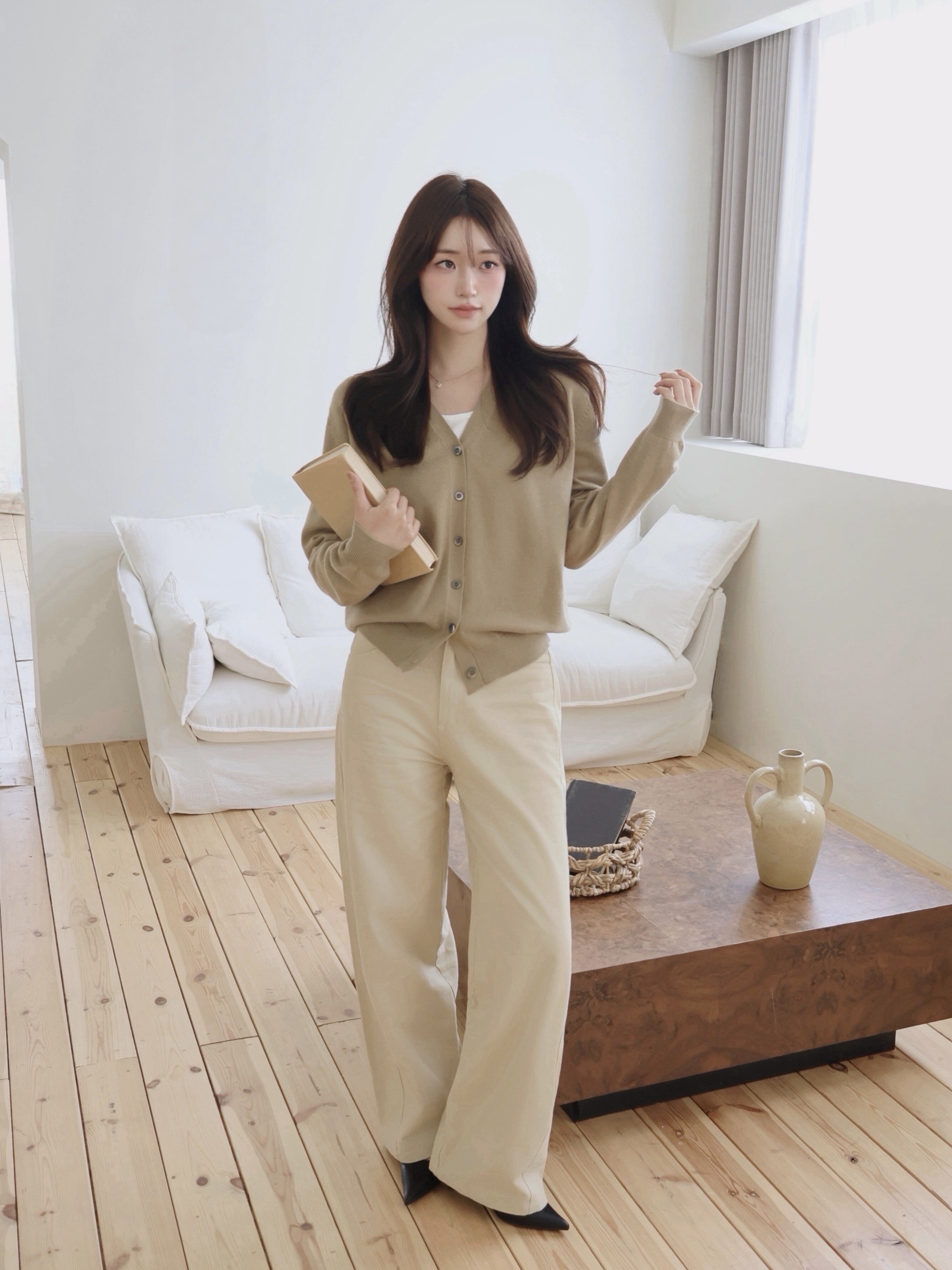 하이 웨이스트 와이드 데님 팬츠 (BEIGE)