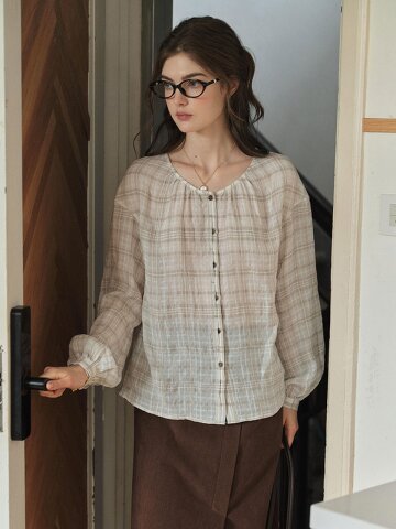 SR_Puff sleeve plaid blouse