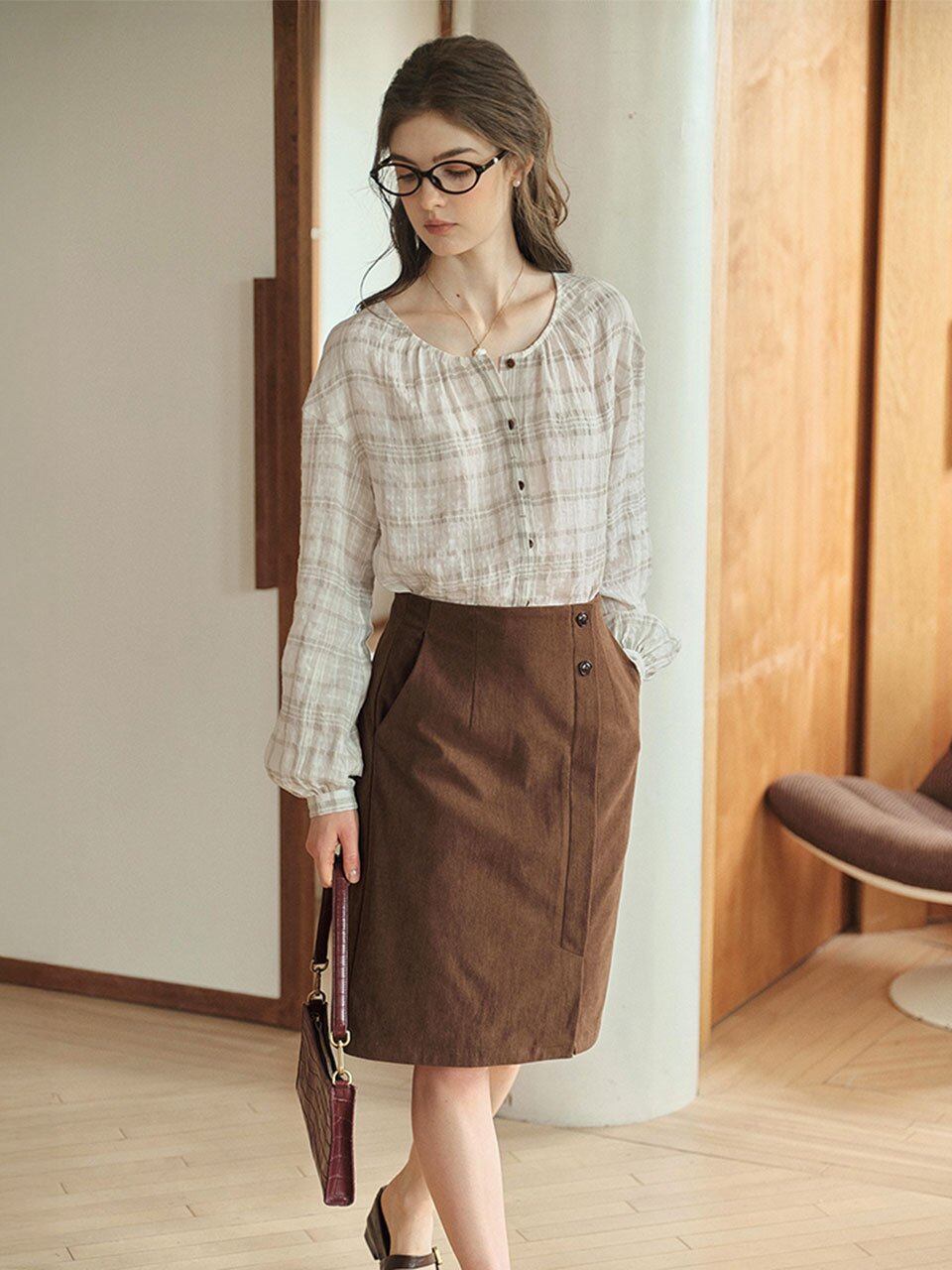 SR_Puff sleeve plaid blouse