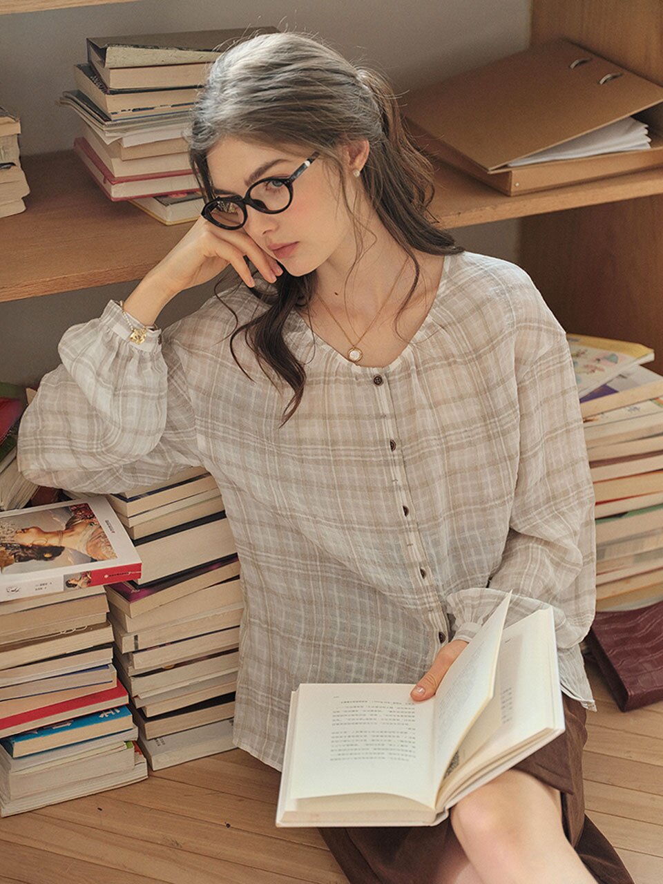 SR_Puff sleeve plaid blouse