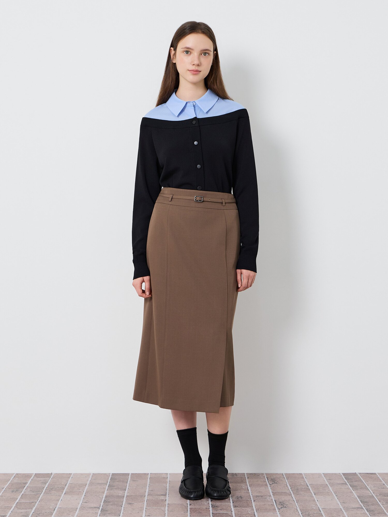 사이드 슬릿 벨티드 롱 스커트 (BROWN)