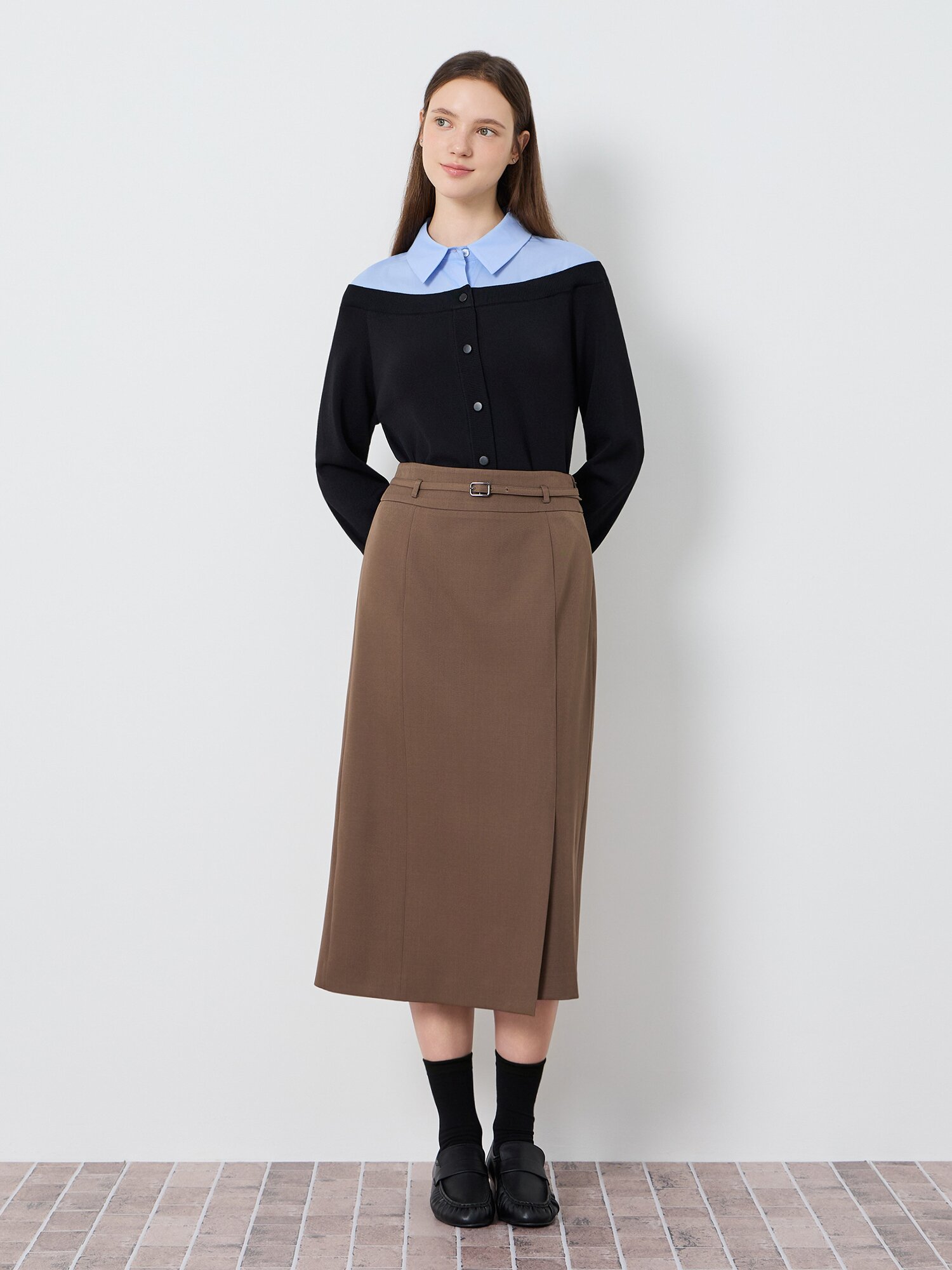 사이드 슬릿 벨티드 롱 스커트 (BROWN)