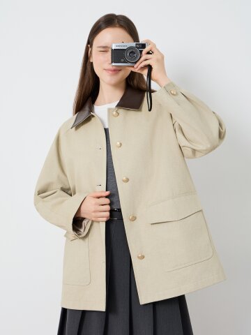 칼라 배색 래글런 미들 점퍼 