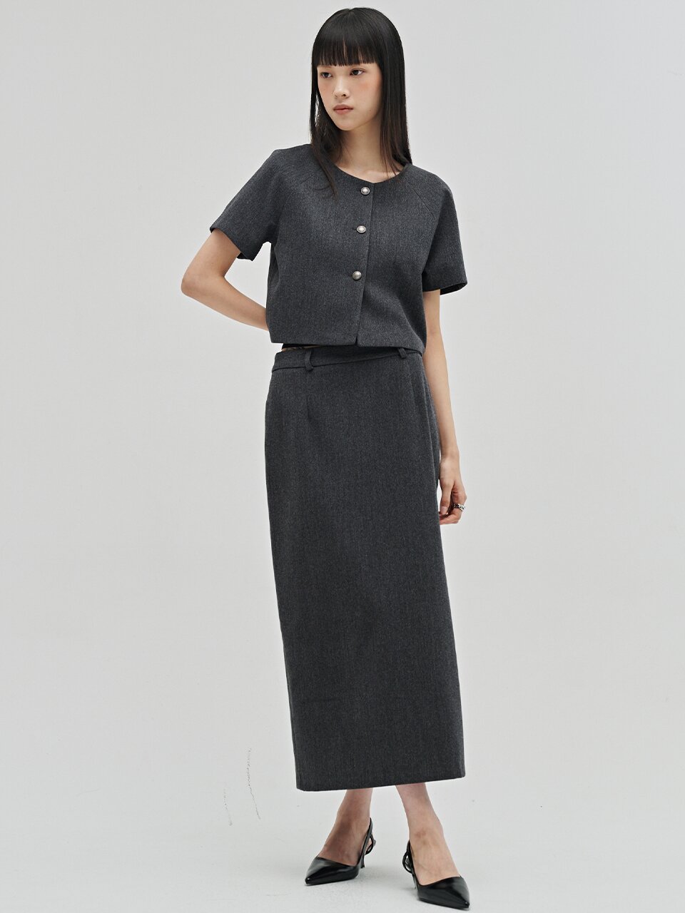 미니멀 울 롱 스커트 -다크 그레이 / Minimal Wool Long Skirt - D.Gray
