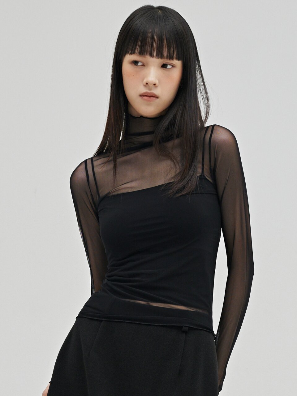 시어 하이넥 롱슬리브 티셔츠 - 블랙 / Sheer High Neck Long Sleeve T-Shirt - Black