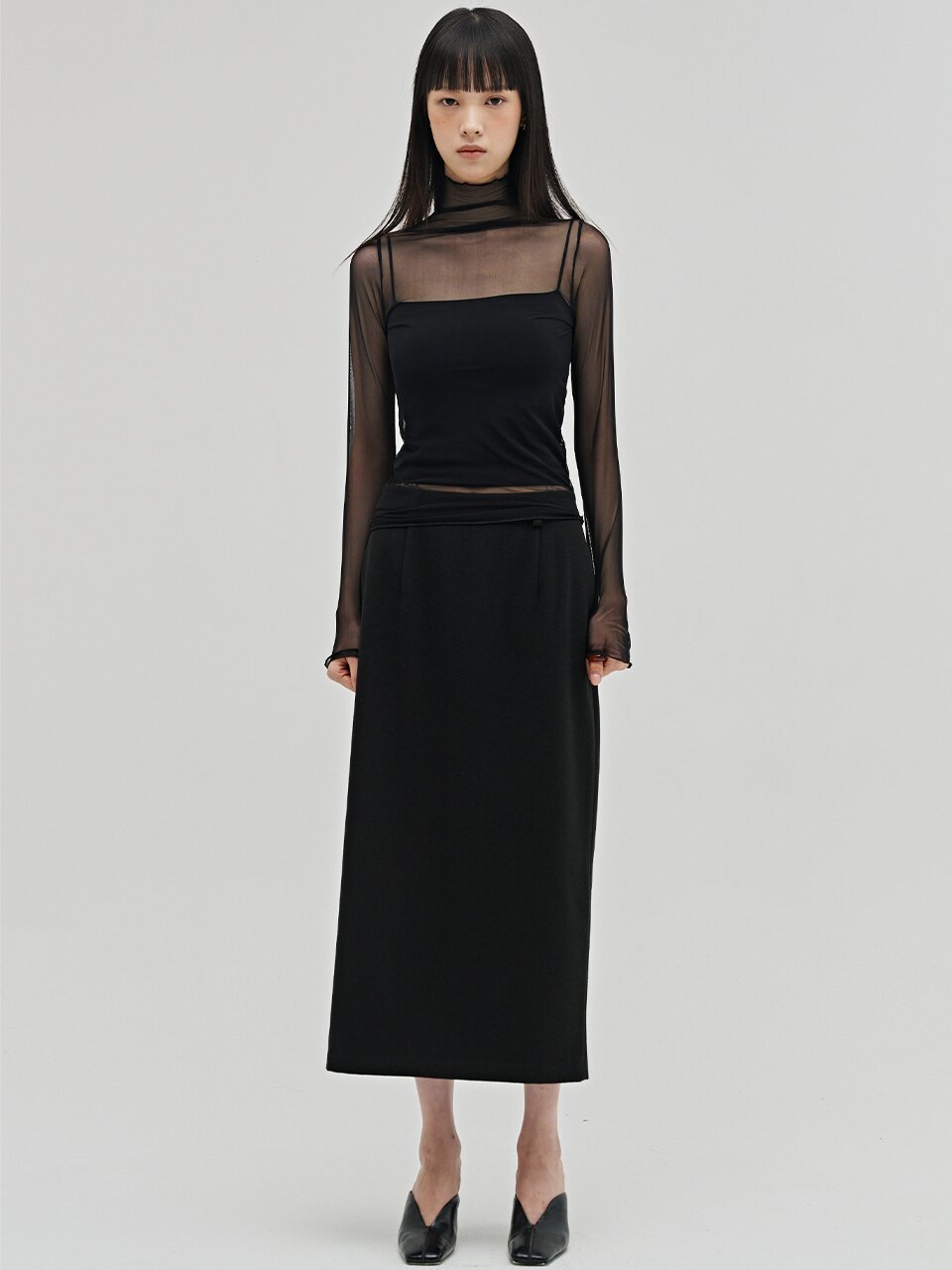 시어 하이넥 롱슬리브 티셔츠 - 블랙 / Sheer High Neck Long Sleeve T-Shirt - Black