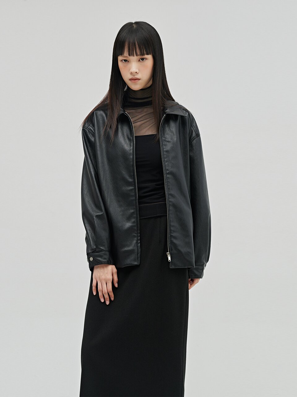 시어 하이넥 롱슬리브 티셔츠 - 블랙 / Sheer High Neck Long Sleeve T-Shirt - Black