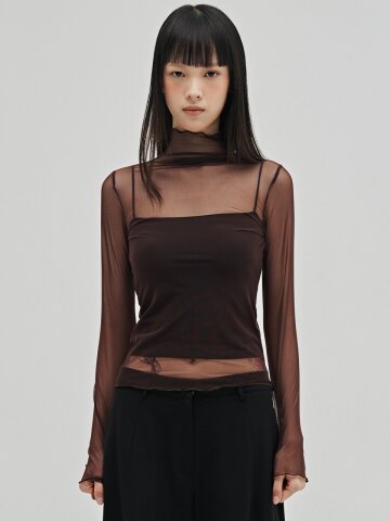 시어 하이넥 롱슬리브 티셔츠 - 버건디 / Sheer High Neck Long Sleeve T-Shirt - Burgundy