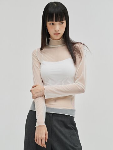 시어 하이넥 롱슬리브 티셔츠 - 크림 / Sheer High Neck Long Sleeve T-Shirt - Cream