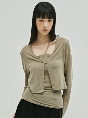 브이넥 가디건 레이어드 세트 - 애쉬 브라운 / V-Neck Cardigan Layered Set - A.Brown