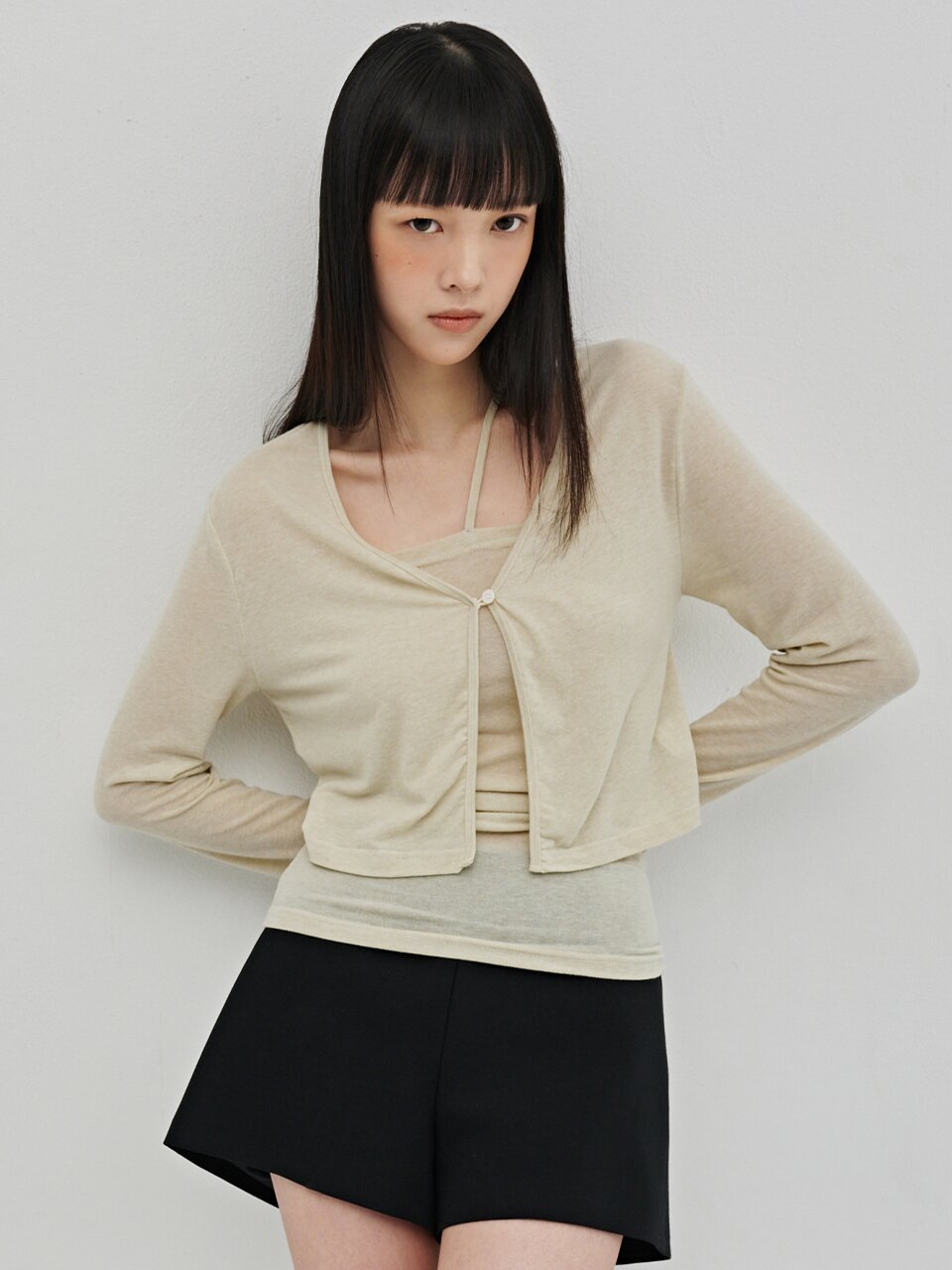 브이넥 가디건 레이어드 세트 - 라이트 베이지 / V-Neck Cardigan Layered Set - L.Beige