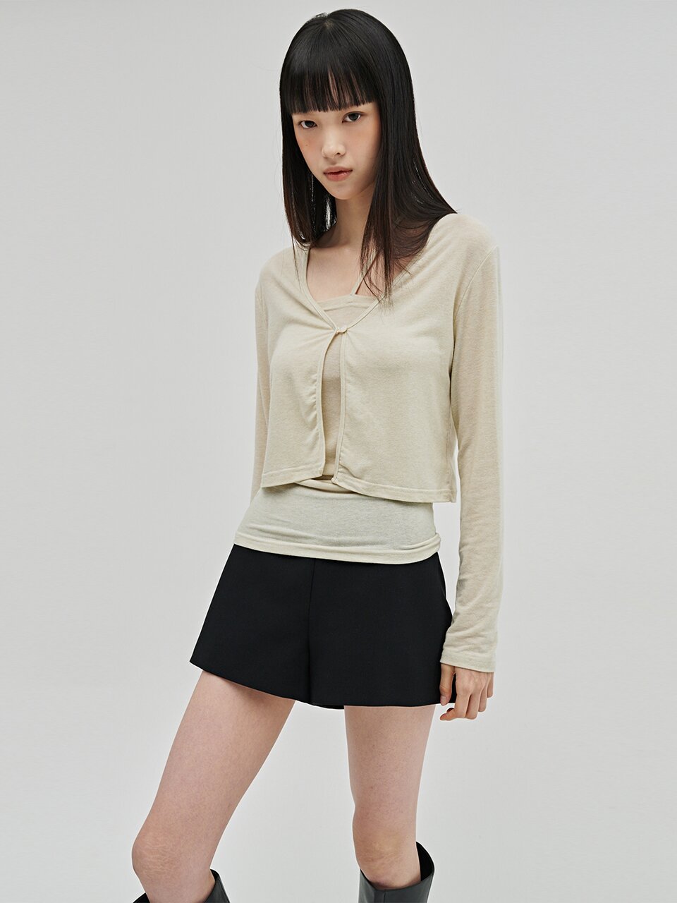 브이넥 가디건 레이어드 세트 - 라이트 베이지 / V-Neck Cardigan Layered Set - L.Beige