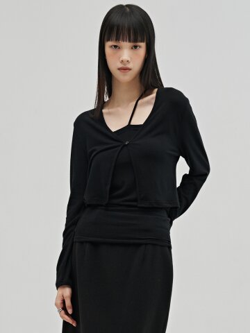 브이넥 가디건 레이어드 세트 - 블랙 / V-Neck Cardigan Layered Set - Black