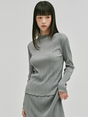 플리츠 모크넥 롱슬리브 티셔츠 - 라이트 그레이 / Pleated Mock Neck Long Sleeve T-Shirt - L.Gray