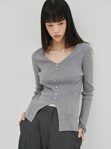 소프트 브이넥 버튼 니트 - 멜란지 그레이 / Soft V-Neck Button Knit - M.Gray