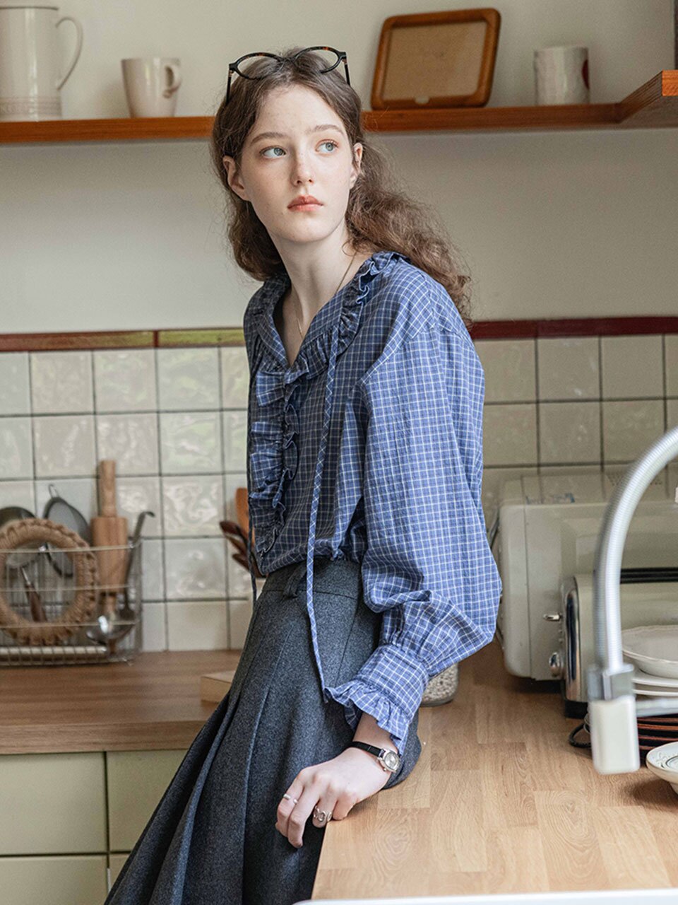 DA_Checkered sequence blouse_NAVY