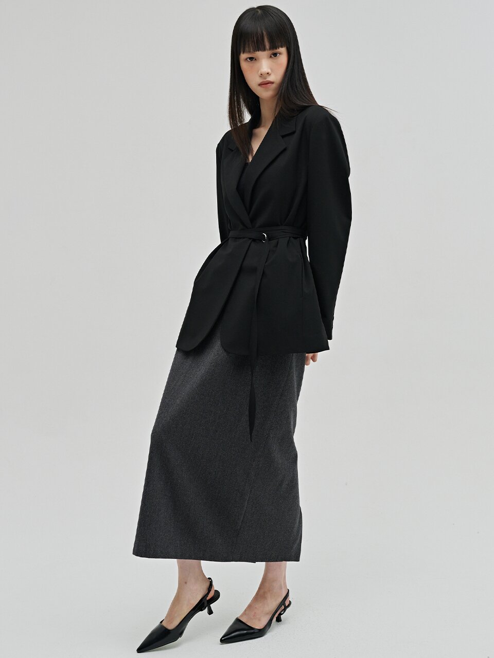 울 테일러드 벨티드 자켓 - 블랙 / Wool Tailored Belted Jacket - Black