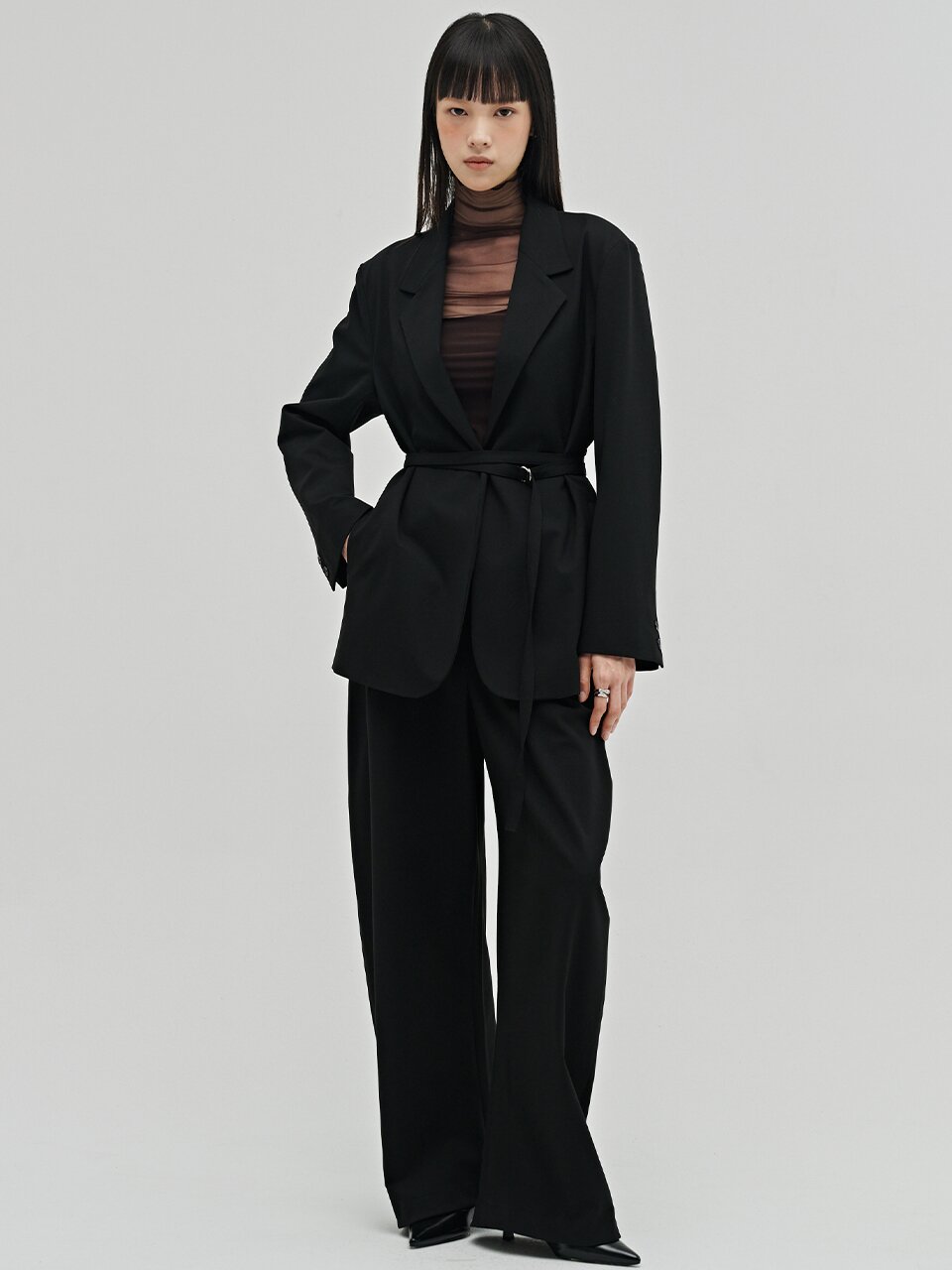 울 테일러드 벨티드 자켓 셋업 - 블랙 / Wool Tailored Belted Jacket Set up - Black