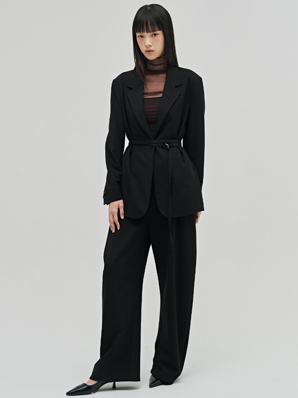 울 테일러드 벨티드 자켓 셋업 - 블랙 / Wool Tailored Belted Jacket Set up - Black