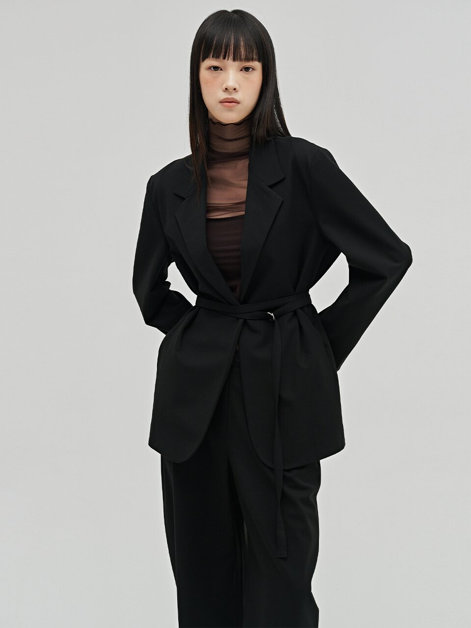 울 테일러드 벨티드 자켓 셋업 - 블랙 / Wool Tailored Belted Jacket Set up - Black