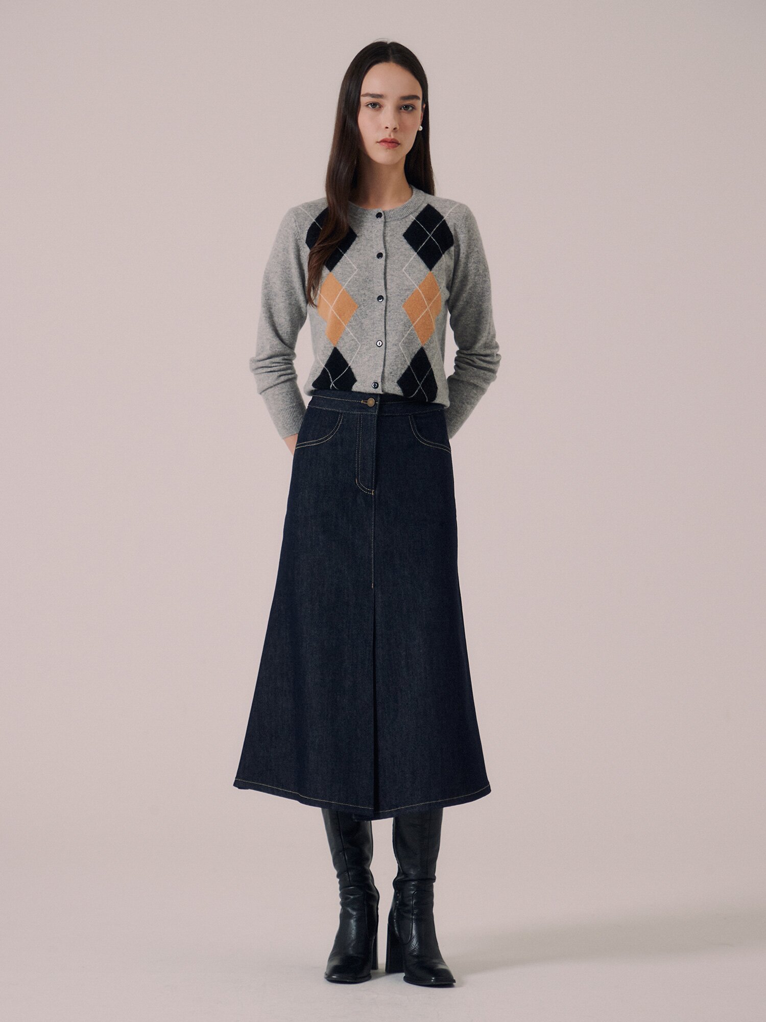 슬릿 포인트 A라인 데님 스커트 (DARK BLUE)