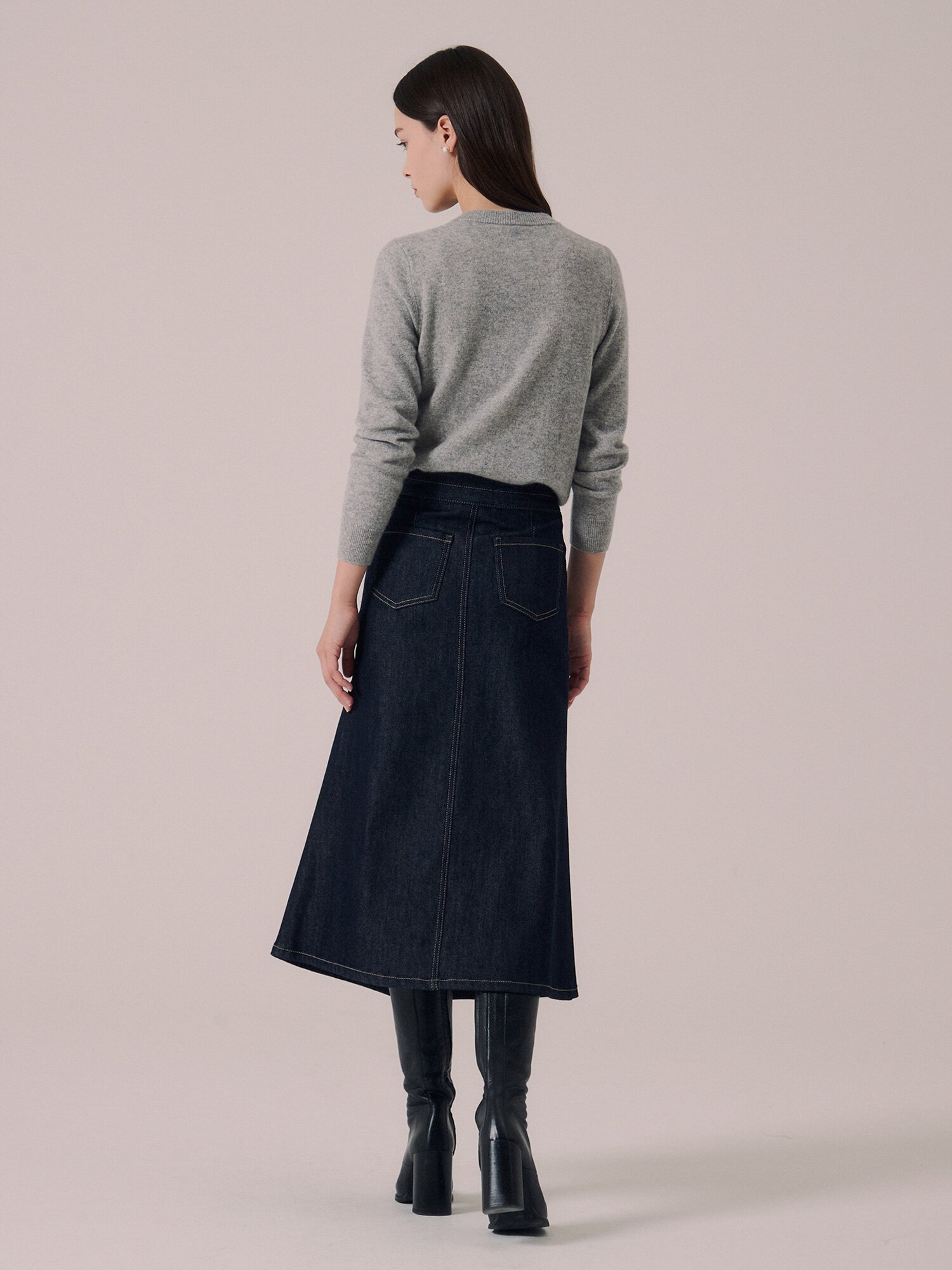 슬릿 포인트 A라인 데님 스커트 (DARK BLUE)