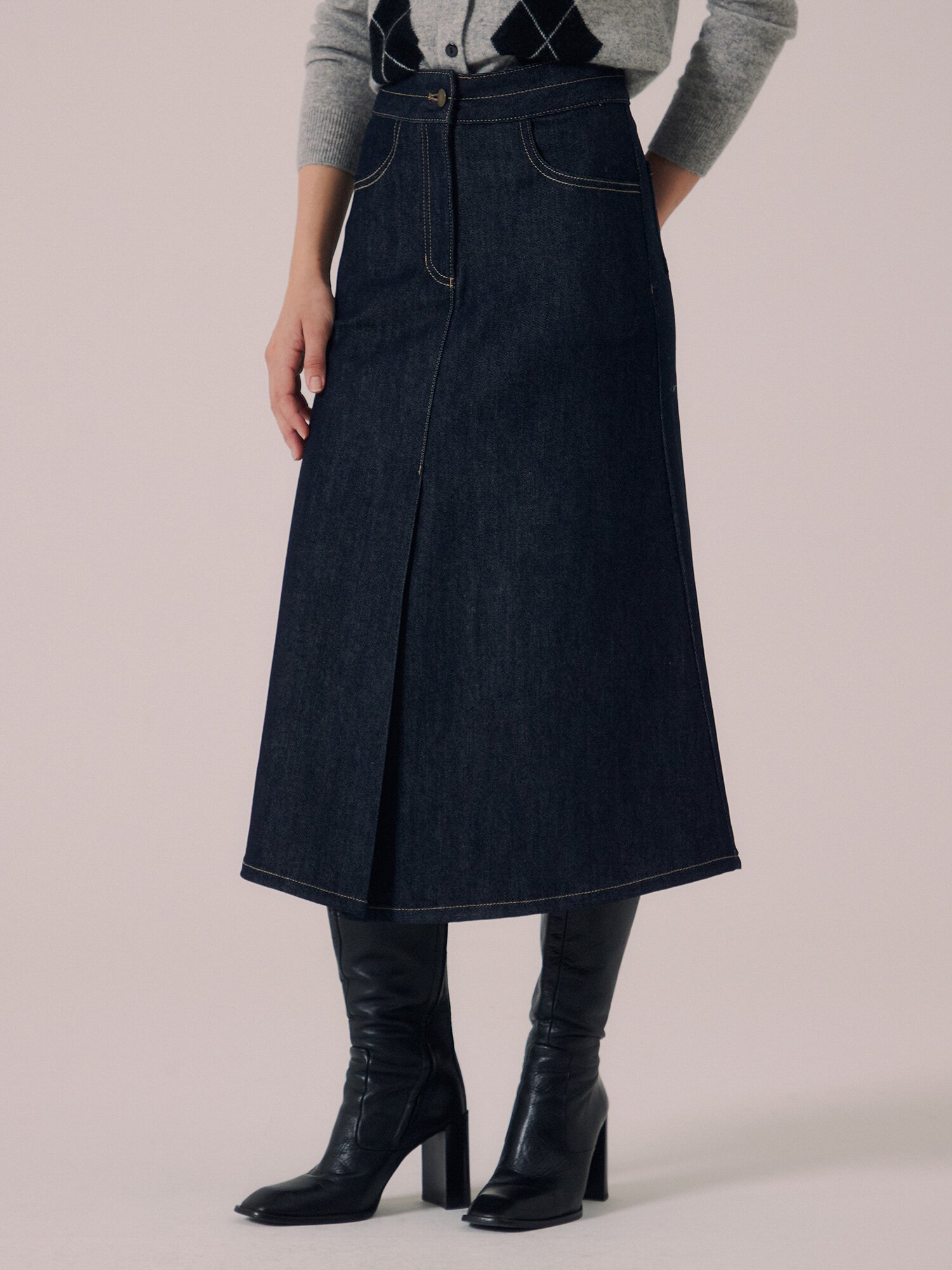 슬릿 포인트 A라인 데님 스커트 (DARK BLUE)