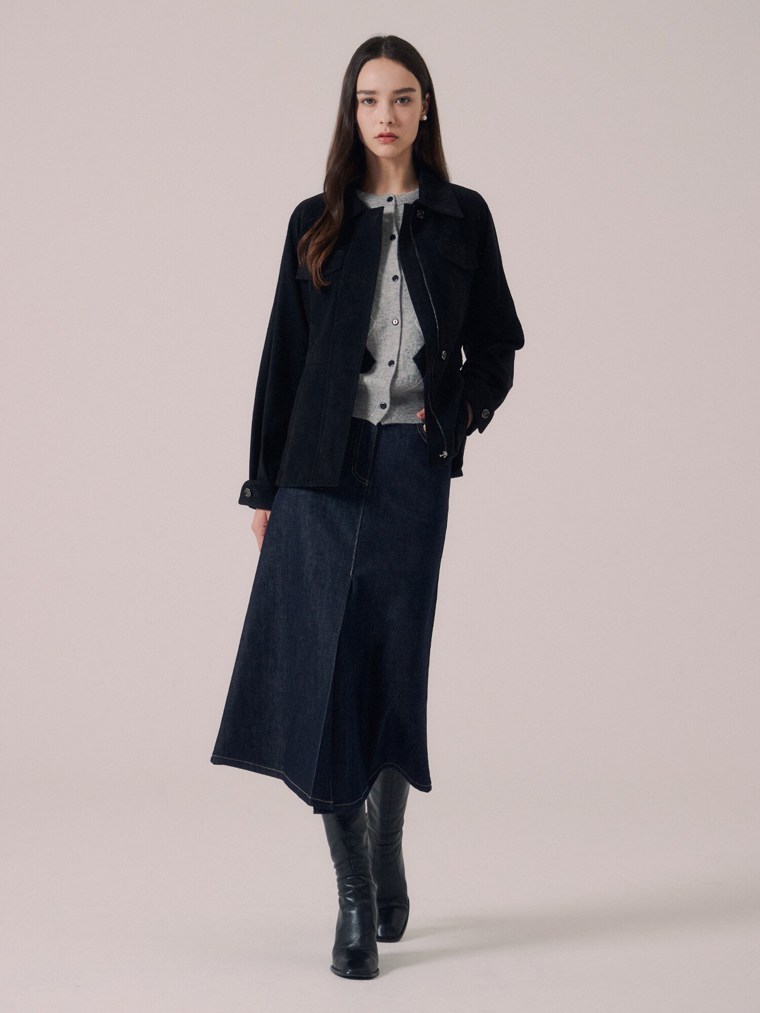슬릿 포인트 A라인 데님 스커트 (DARK BLUE)