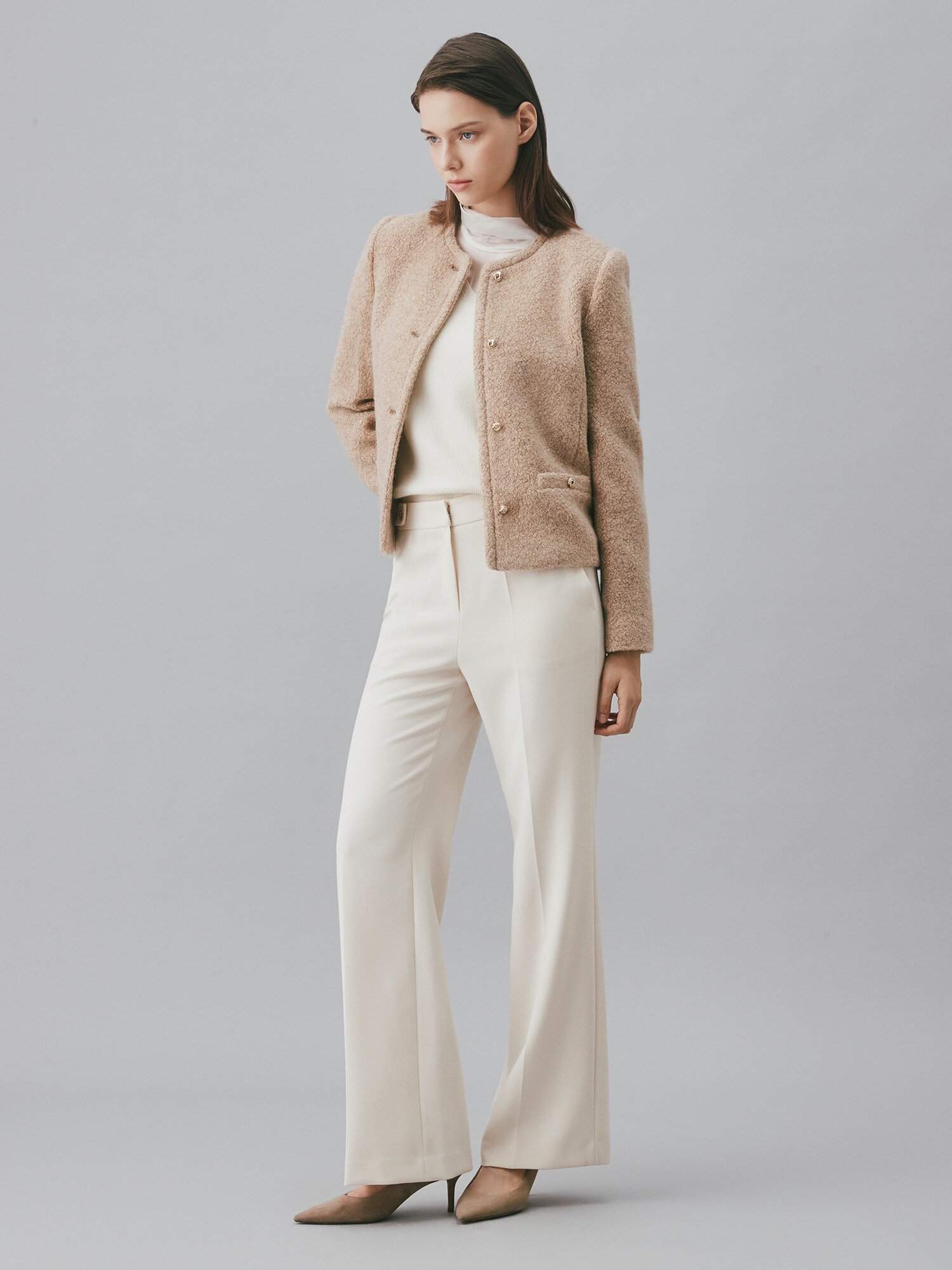 울 부클 라운드넥 크롭 재킷 (BEIGE)