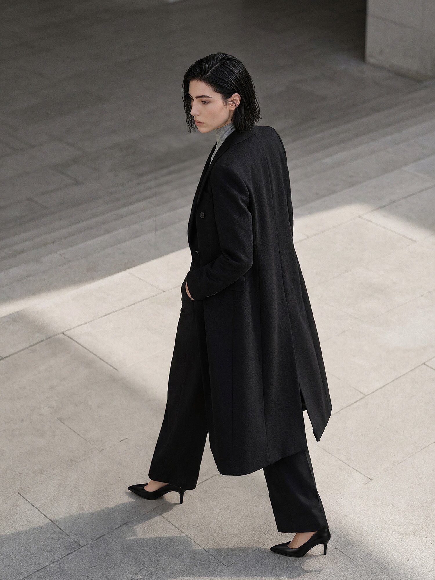 캐시미어 피크드 라펠 더블 롱 코트 (BLACK)