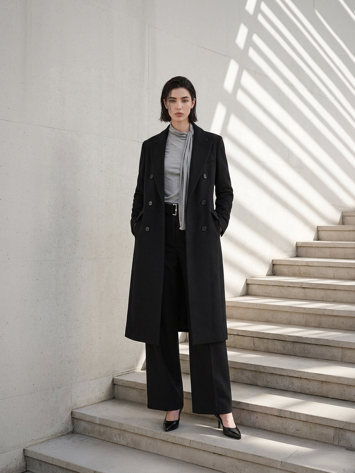 캐시미어 피크드 라펠 더블 롱 코트 (BLACK)