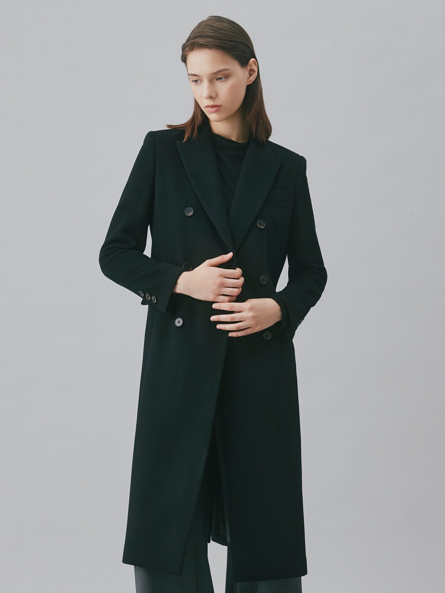 캐시미어 피크드 라펠 더블 롱 코트 (BLACK)