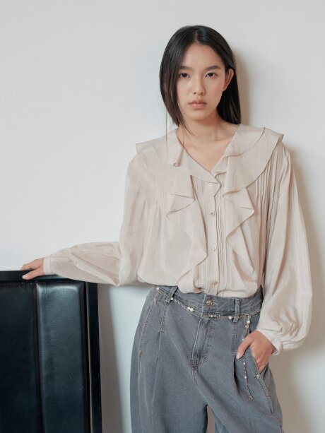 시스루 핀턱 러플 칼라 블라우스 