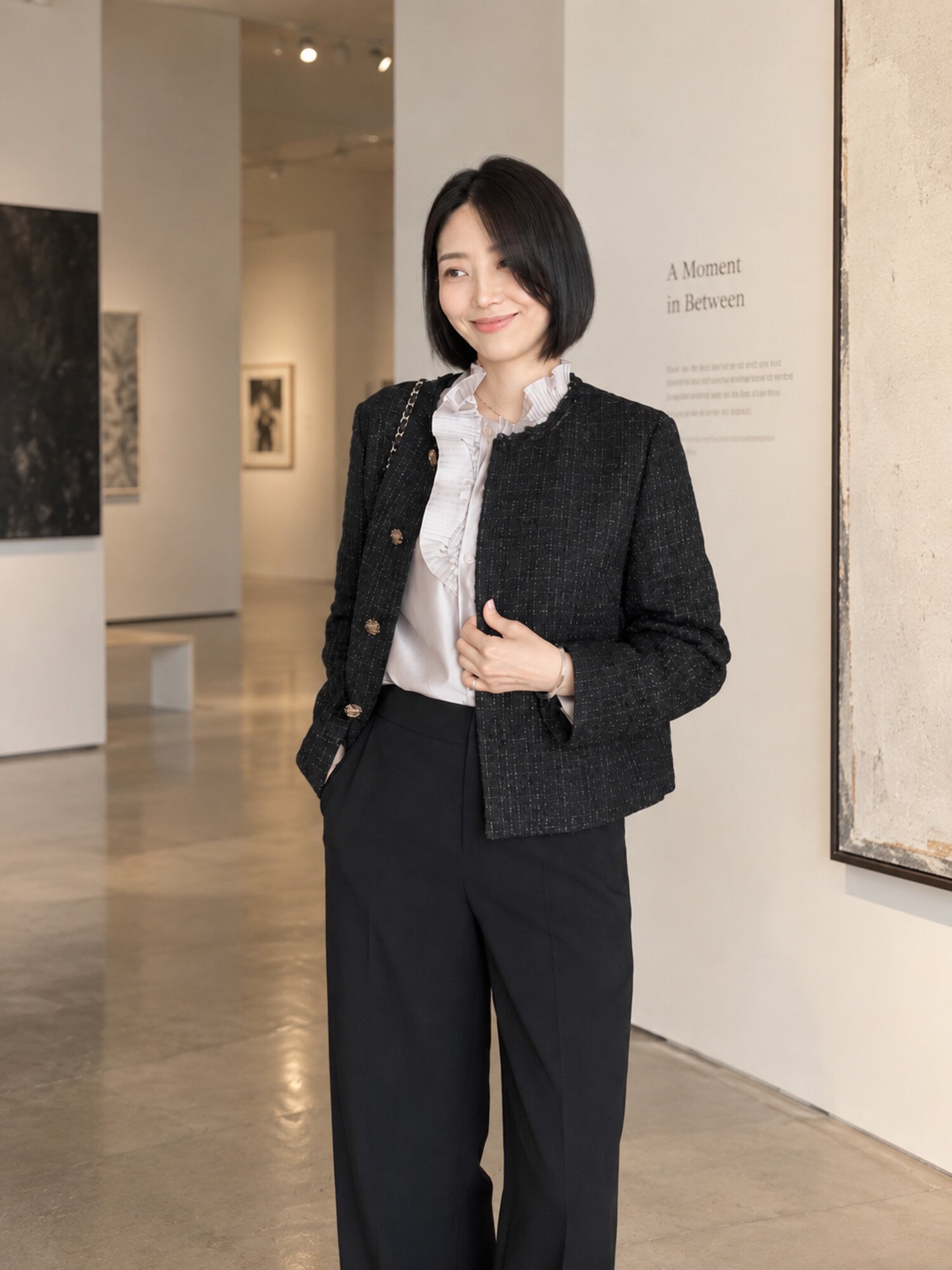 글리터 울 트위드 라운드넥 재킷 (BLACK)