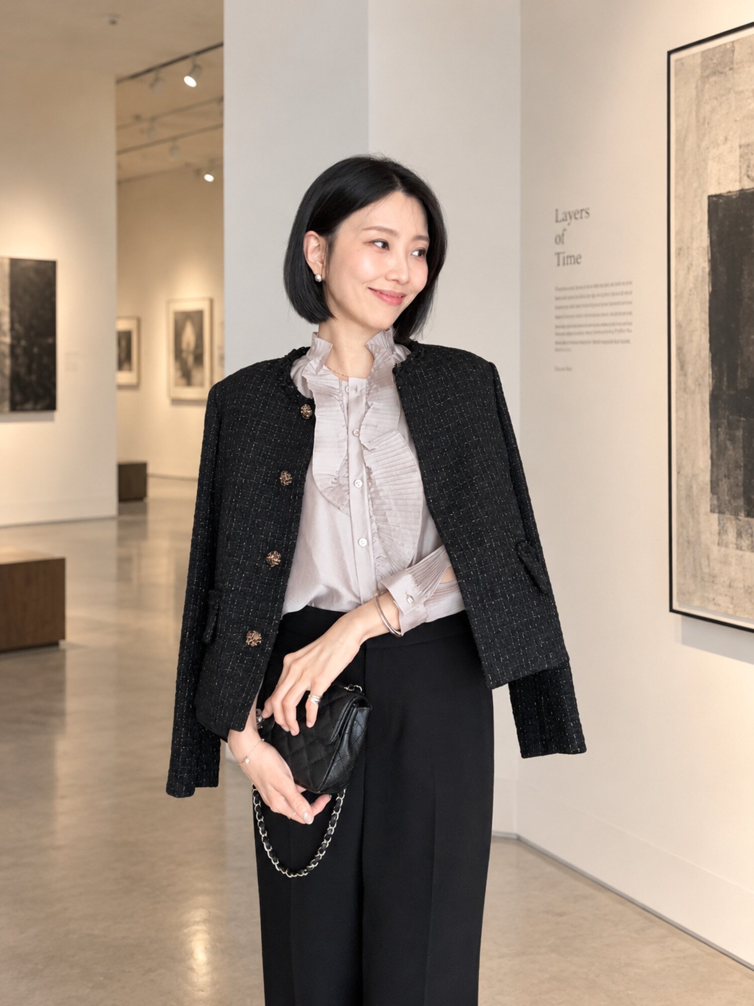 글리터 울 트위드 라운드넥 재킷 (BLACK)