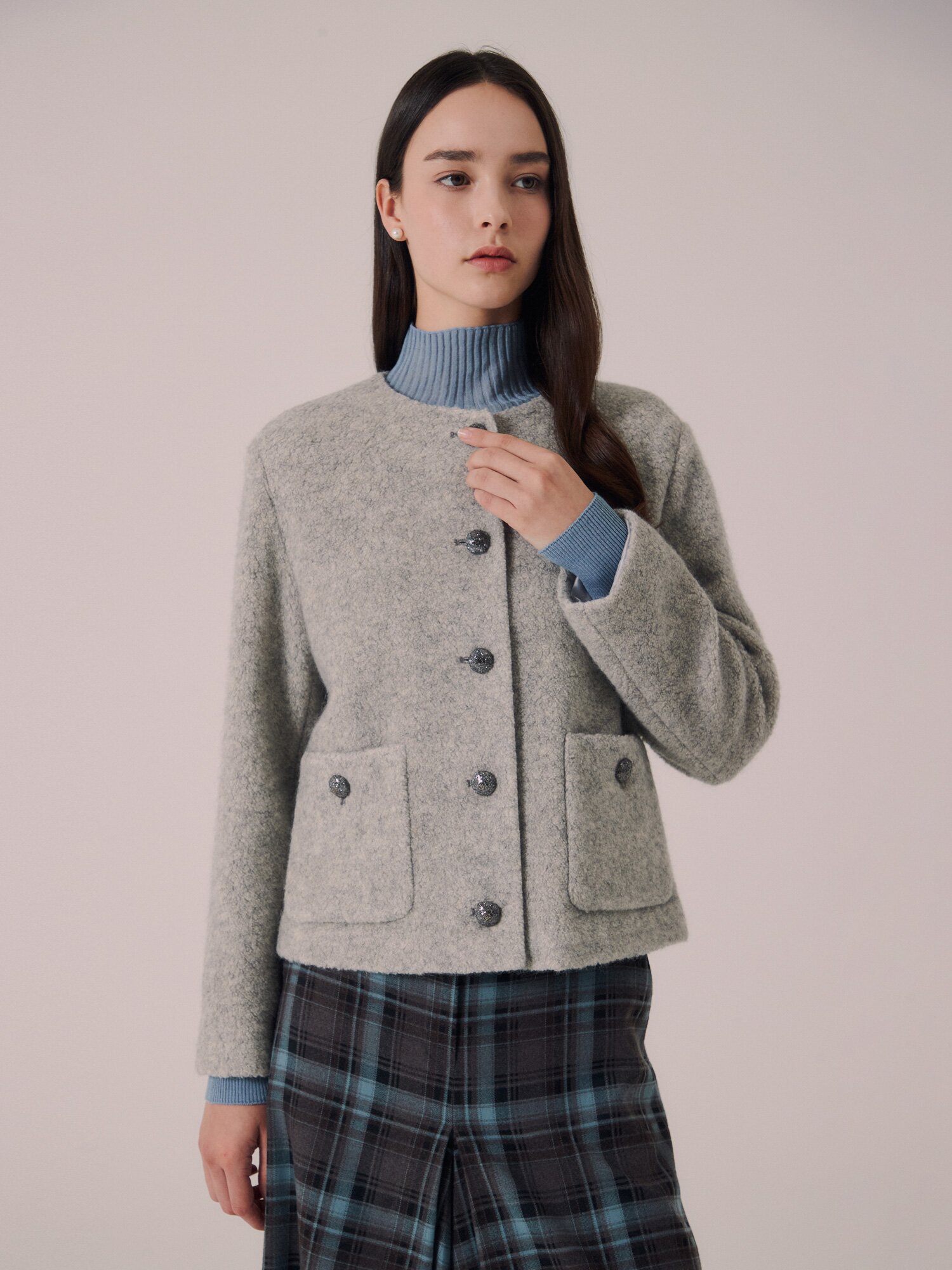 부클 울 라운드넥 크롭 재킷 (GREY)