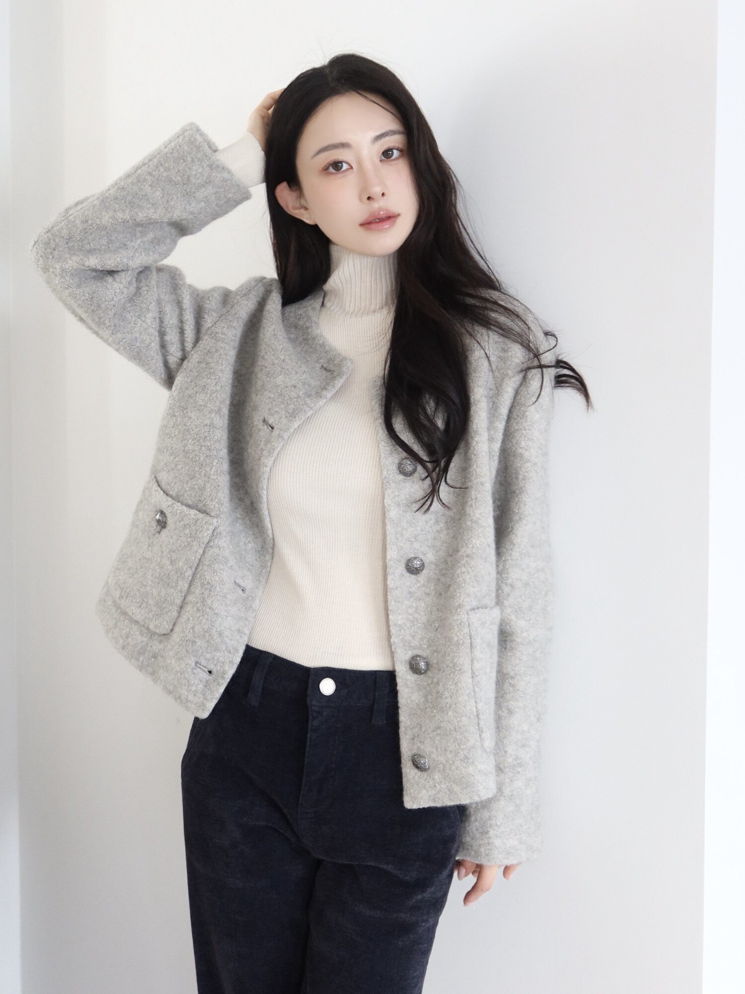 부클 울 라운드넥 크롭 재킷 (GREY)