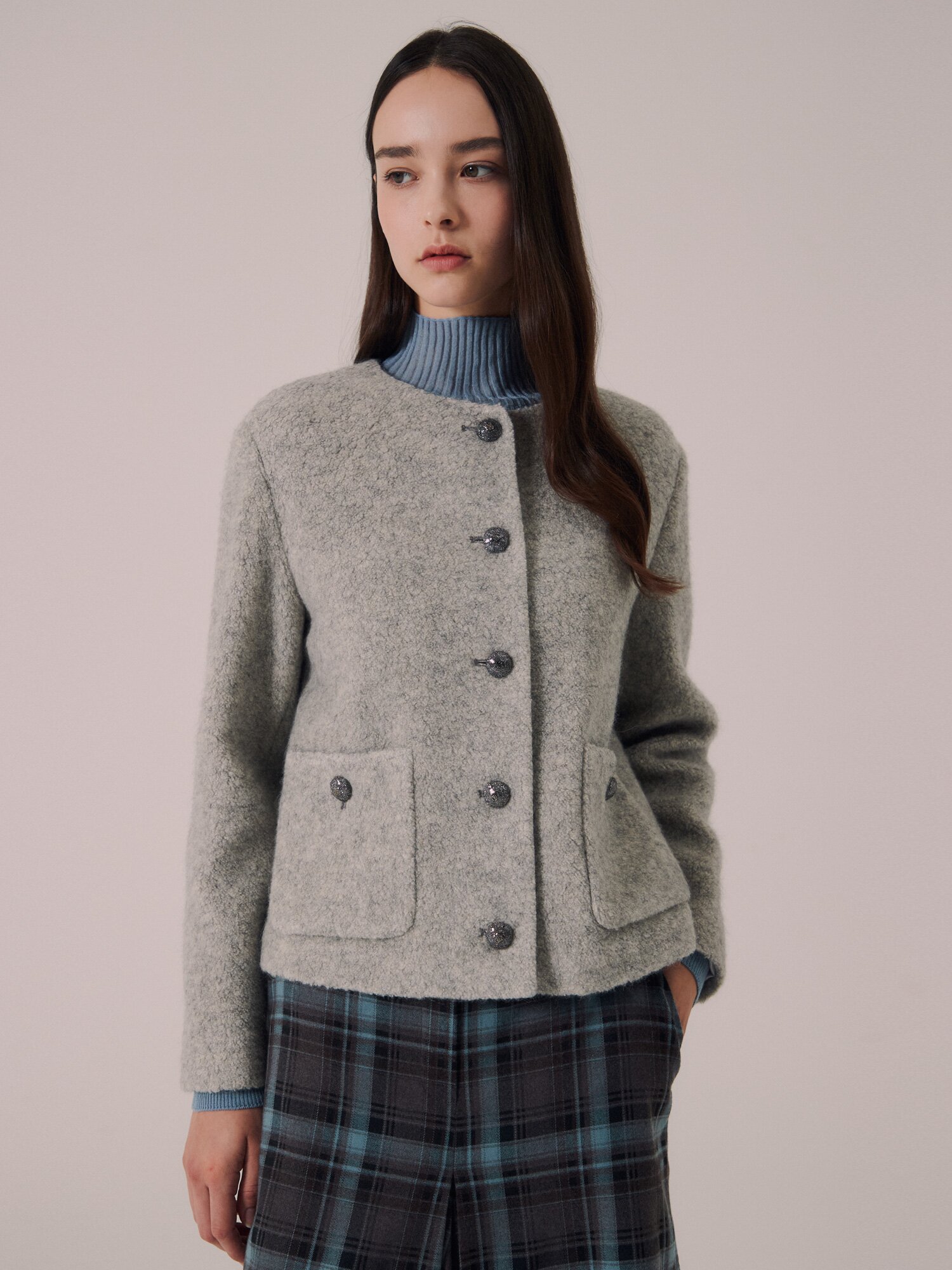 부클 울 라운드넥 크롭 재킷 (GREY)