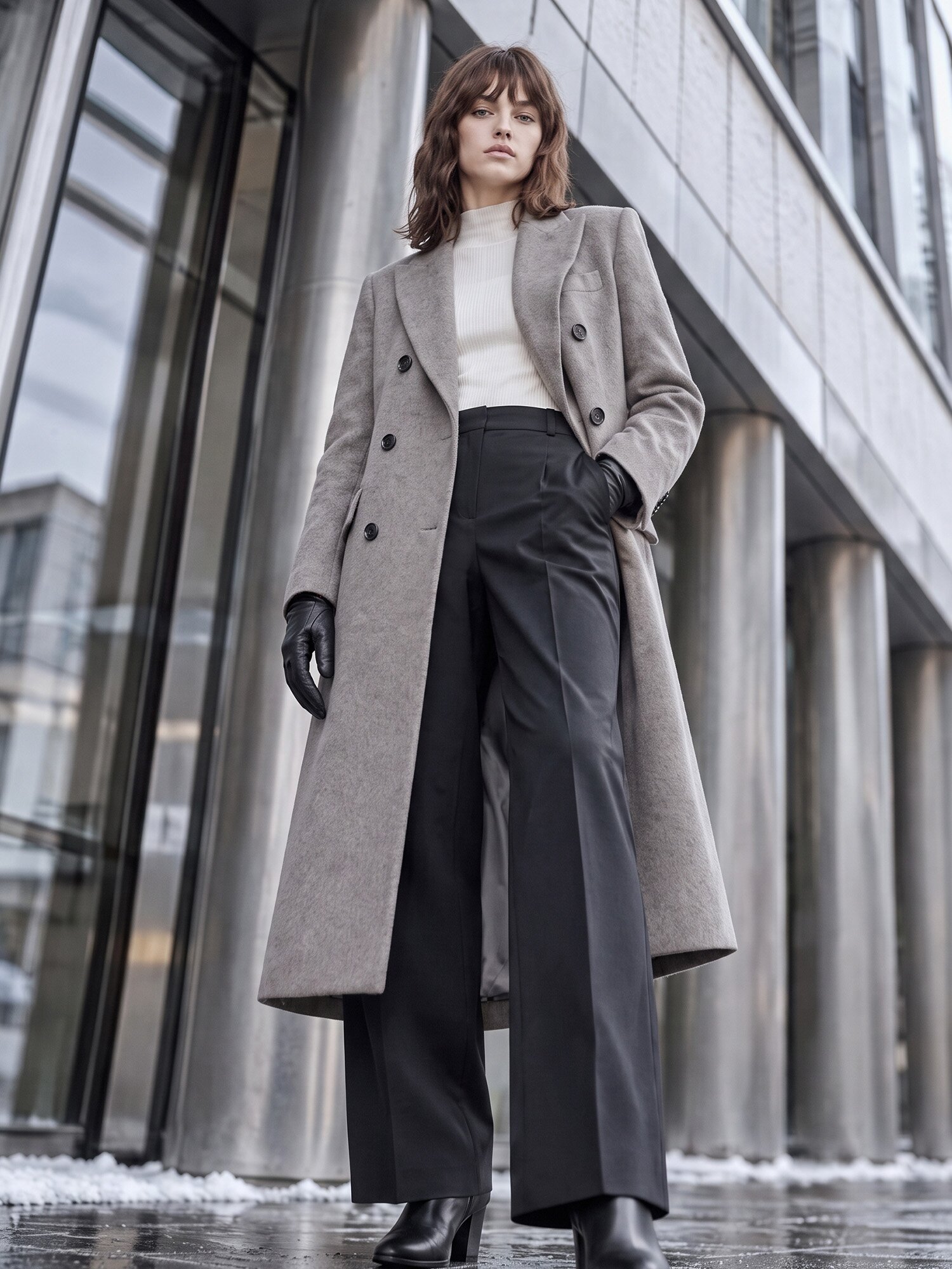 캐시미어 피크드 라펠 더블 롱 코트 (SEPIA GREY)