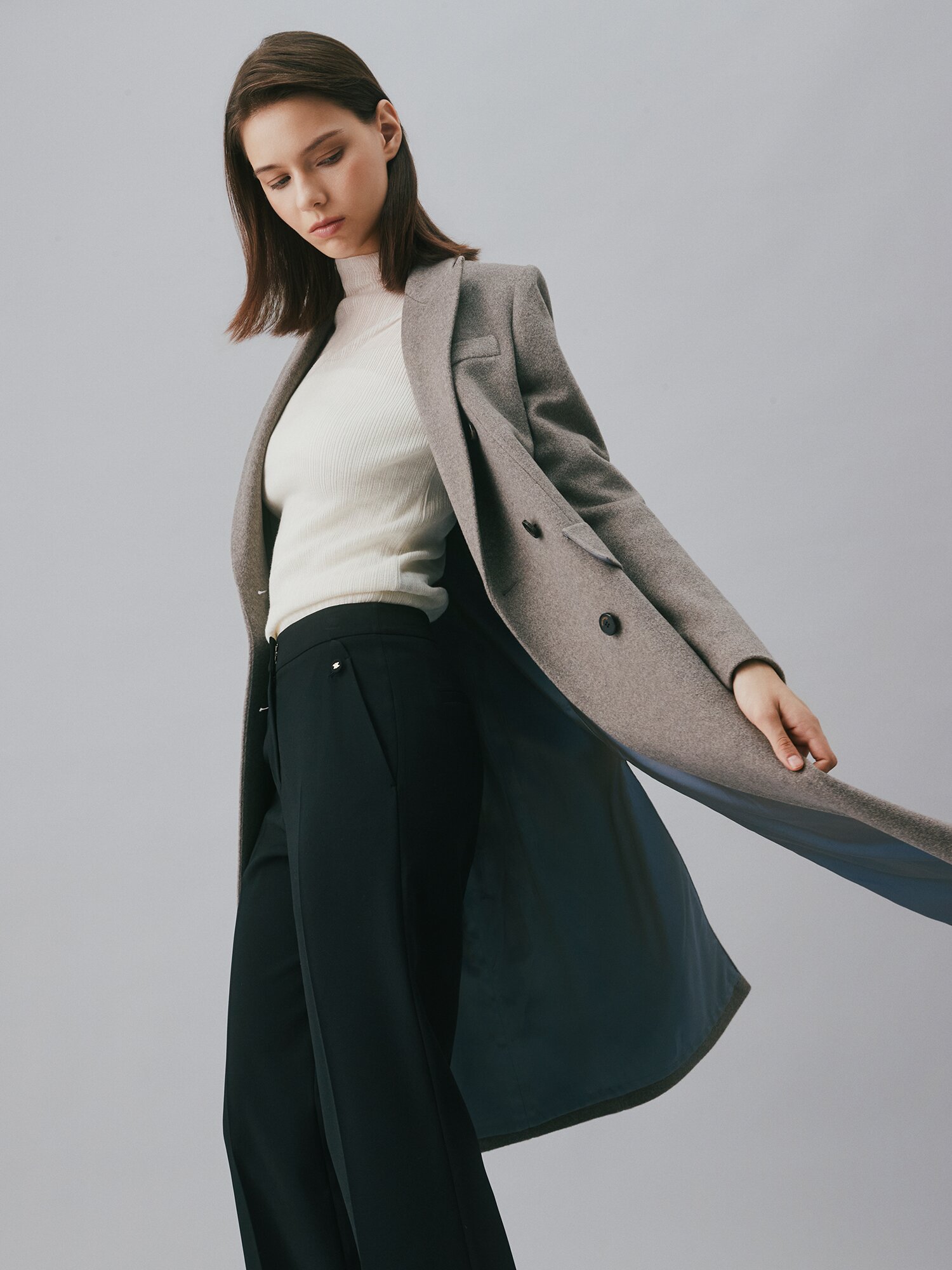 캐시미어 피크드 라펠 더블 롱 코트 (SEPIA GREY)