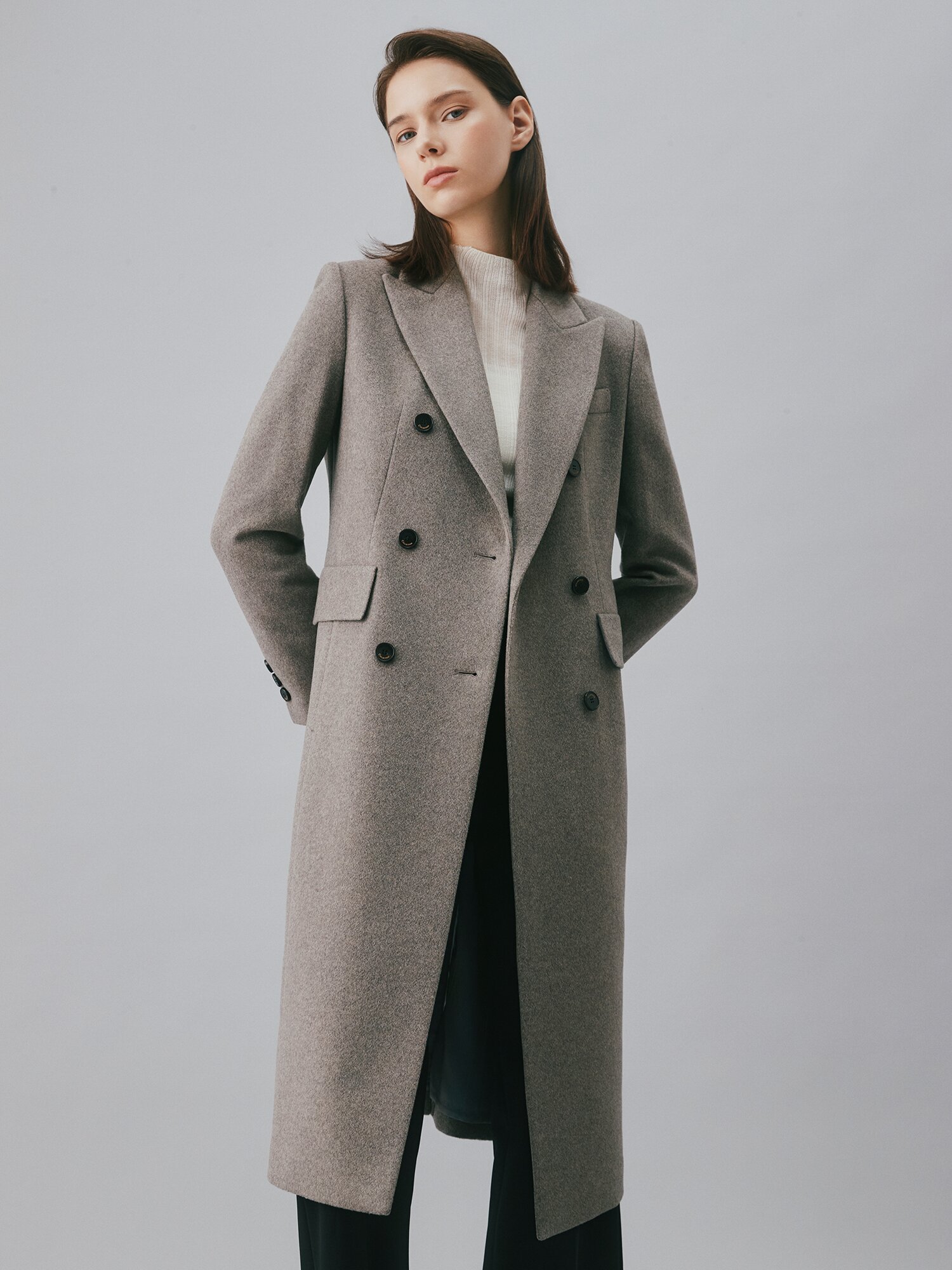 캐시미어 피크드 라펠 더블 롱 코트 (SEPIA GREY)